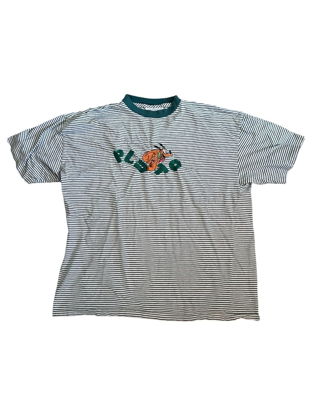 Vintage 90’s Disney Pluto Striped Tee with Green Trim and Orange Graphic -XL